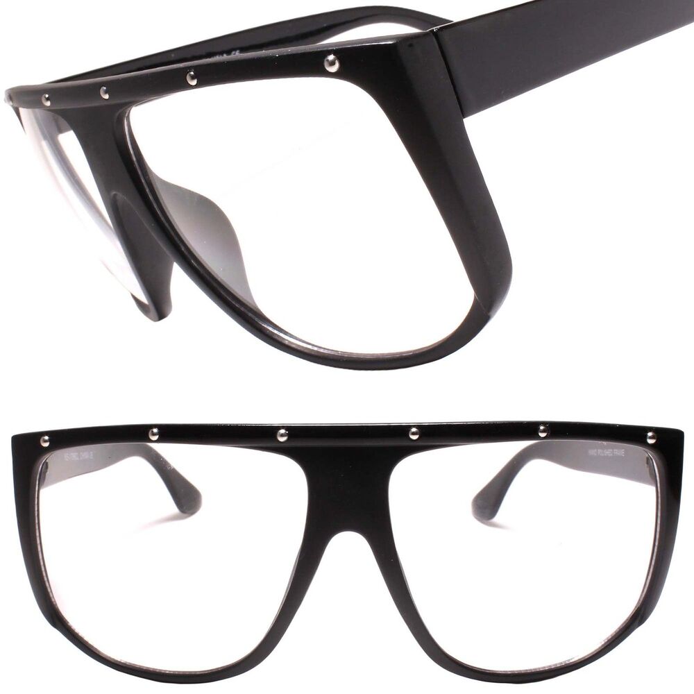 Large Flat Top Square Clubbing Oversized Hip Hop Black Clear Lens Glasses